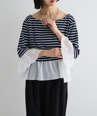 Green Parks 異素材ボーダーペプラムカットソー Navy