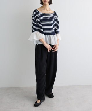 Green Parks 異素材ボーダーペプラムカットソー Navy