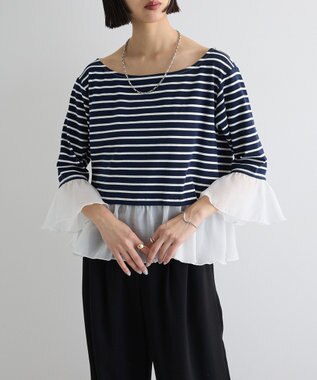 Green Parks 異素材ボーダーペプラムカットソー Navy