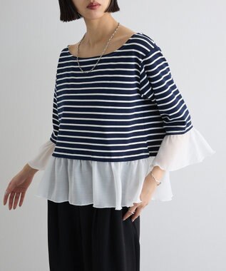 Green Parks 異素材ボーダーペプラムカットソー Navy