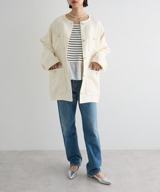 Green Parks 異素材ボーダーペプラムカットソー Off White