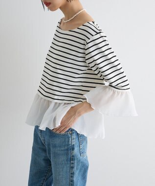 Green Parks 異素材ボーダーペプラムカットソー Off White