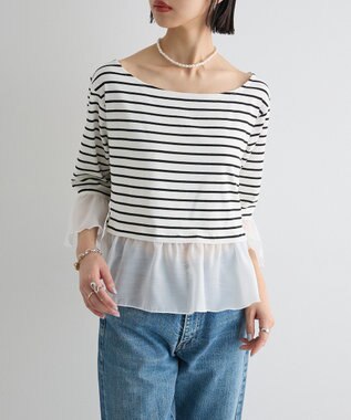 Green Parks 異素材ボーダーペプラムカットソー Off White