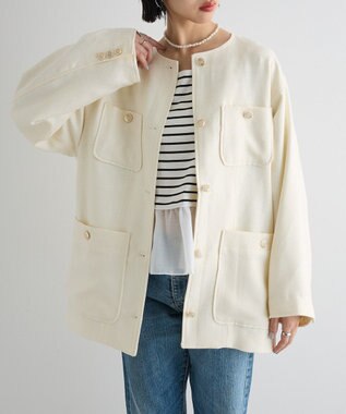 Green Parks 異素材ボーダーペプラムカットソー Off White