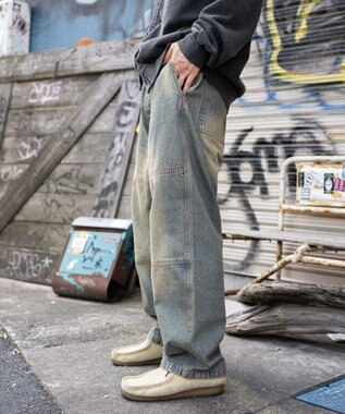 WEGO 【ウエストゴム/MLサイズ展開】ージーダブルニーパンツ デニム淡加工色