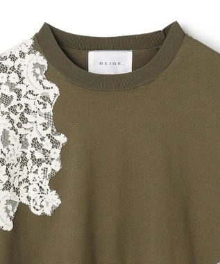 BEIGE， WILLOW / アシンメトリーレースクルーネックニット Khaki × White