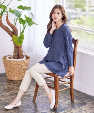 Tiaclasse L 【洗える】サイドリボンポンチチュニック ブルー