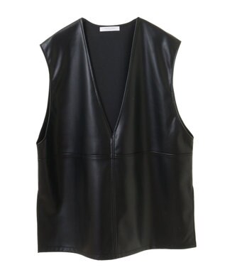 Green Parks フェイクレザーＶネックベスト Black