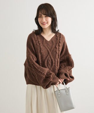 Green Parks ■ＥＳＣＡＲ　フリンジケーブルポップコーンニット Brown