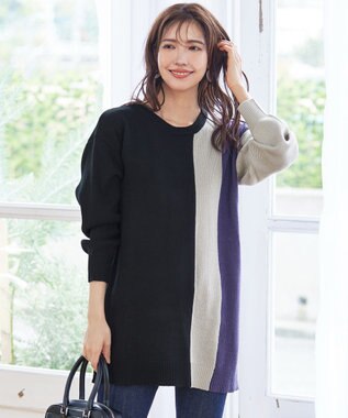Tiaclasse 【洗える】配色ニットチュニック ブラック