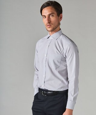 GOTAIRIKU 【形態安定】PREMIUMPLEATS_スモールワイドカラー 通年ドレスシャツ グレー×白ストライプ