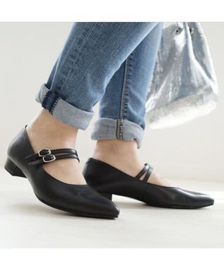 Pointer 日本製 本革ストラップ付きローヒールパンプス ブラック