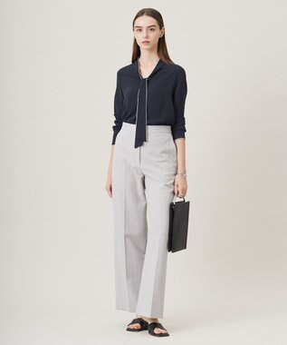 ICB L 【UVケア・速乾・接触冷感・洗える】BackSatinAmunzen 配色ボウタイブラウス ネイビー系