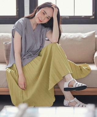 ANY 【ウエストゴム】リネンライクエアーヴィンテージ プリーツスカート イエローグリーン