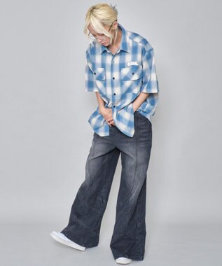 WEGO 【ユニセックス着用ITEM/MLサイズ展開】イラストオンブレチェックシャツ（SS） ブルーチェック1