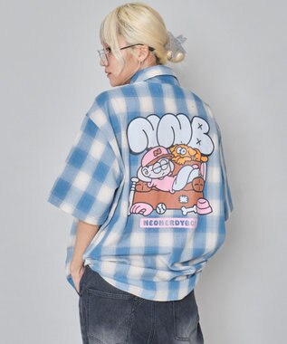 WEGO 【ユニセックス着用ITEM/MLサイズ展開】イラストオンブレチェックシャツ（SS） ブルーチェック1