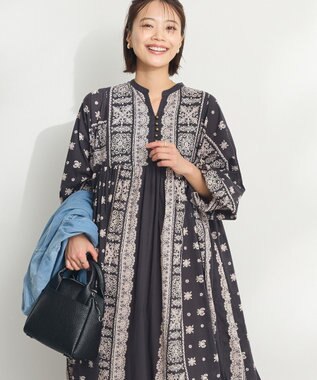 CRAFT STANDARD BOUTIQUE インド綿パネル柄ウエスト切り替えボリュームワンピース Charcoal Gray