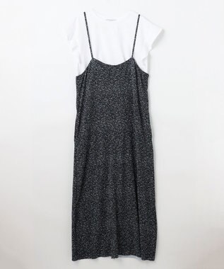 ANY 【2SET/洗濯機可】フリルスリーブTシャツ×シャーリングキャミワンピースセット ブラックベース