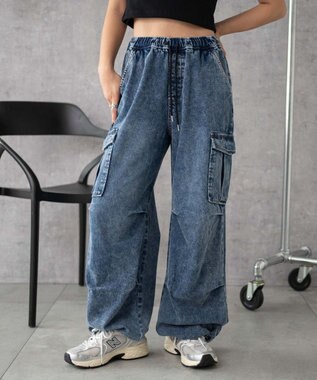WEGO 【XS～Mサイズ展開/ウエストゴム 】デニムイージーパラシュートカーゴパンツ デニム中濃加工色