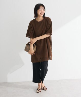 Green Parks 半袖メッシュドッキングチュニック Brown