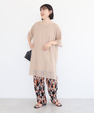 Green Parks 半袖メッシュドッキングチュニック Light Beige