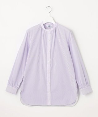 J.PRESS LADIES S 【洗える】 FAST コットンナイロン ストライプ バンドカラー ブラウス ふじ色系1