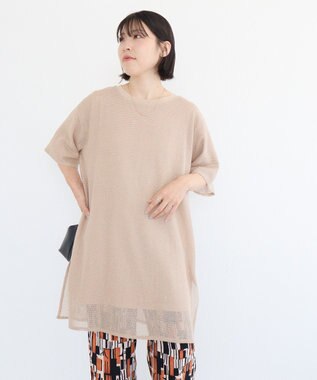 Green Parks 半袖メッシュドッキングチュニック Light Beige