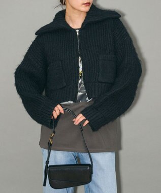 Green Parks フロントジップビックカラーニットブルゾン Navy