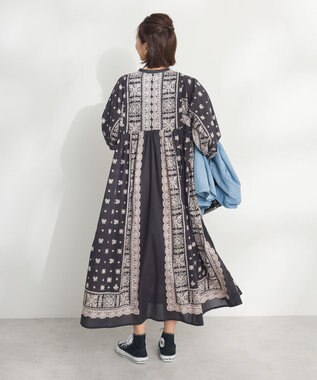 CRAFT STANDARD BOUTIQUE インド綿パネル柄ウエスト切り替えボリュームワンピース Charcoal Gray