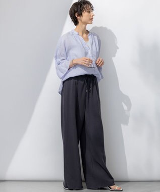 23区 【洗える】LIBECO タックスリーブ シャツ ラベンダーストライプ