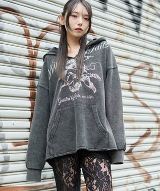 WEGO 【ユニセックス着用ITEM】ヴィンテージグラフィックキーネックプルパーカー ブラックその他