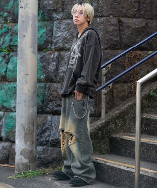 WEGO 【ユニセックス着用ITEM】ヴィンテージグラフィックキーネックプルパーカー ブラックその他