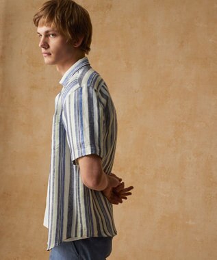 JOSEPH ABBOUD 【キングサイズ・麻100％・軽い・涼しい】 モイスチャーリネンストライプシャツ ダルブルー系2