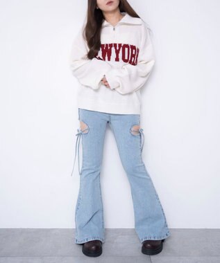 WEGO 【SMサイズ展開/伸びる】カットアウトリボンストレッチフレアデニムパンツ デニム淡加工色