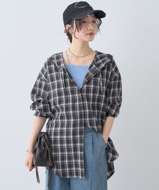 earth music&ecology フーディーチェックシャツ Black