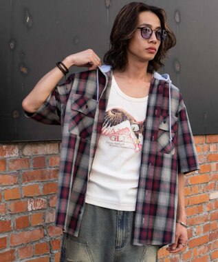 WEGO 【ユニセックス着用ITEM/MLサイズ展開】オンブレチェックフードシャツ（SS） レッドチェック1