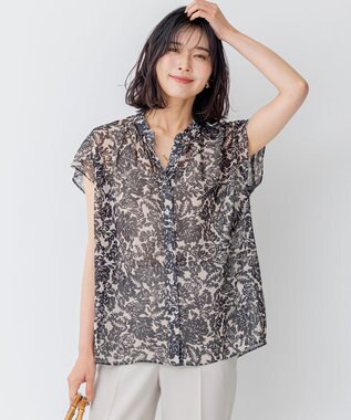 23区 【洗える】ボタニカルプリント スキッパー ブラウス ベージュ×ブラックプリント