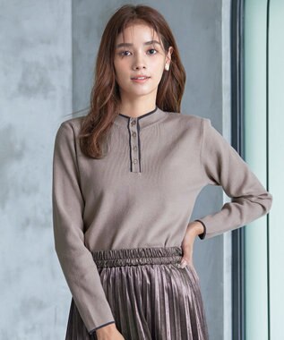 Tiaclasse 【洗える】配色ボタンニットトップス グレージュ