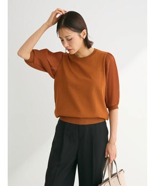 Green Parks 袖プリーツドッキング５分袖ニットプルオーバー Orange