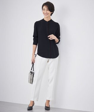 ICB L 【接触冷感・UVケア・速乾・洗える】BackSatinAmunzen バンドカラーブラウス ブラック系