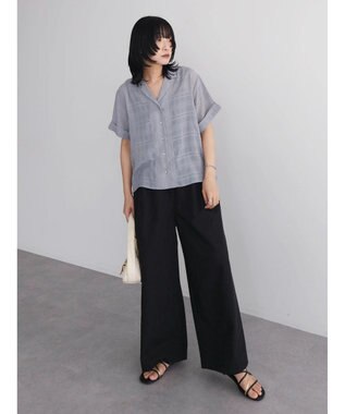 Green Parks シアーチェック開襟ブラウス Grayish Blue