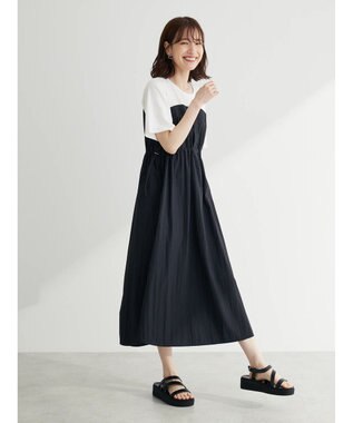 Green Parks 布帛ドッキングドロストワンピース Black