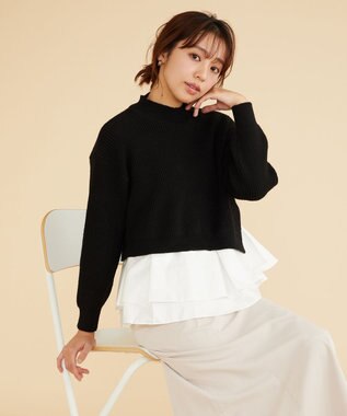 Feroux 【洗える】ラッフルレイヤード ニット ブラック系