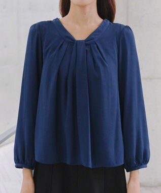 Tiaclasse 【スマート裏起毛】 ボウタイ風ブラウス ダークブルー