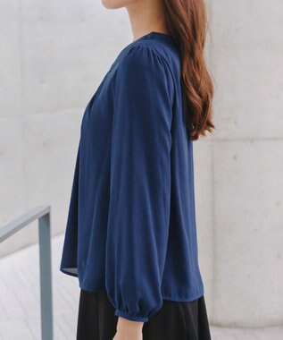 Tiaclasse 【スマート裏起毛】 ボウタイ風ブラウス ダークブルー