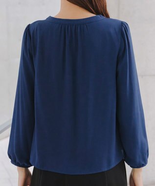 Tiaclasse 【スマート裏起毛】 ボウタイ風ブラウス ダークブルー
