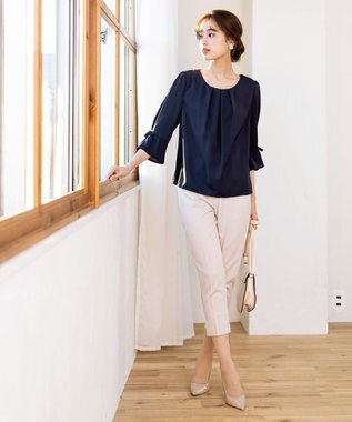 Tiaclasse 【洗える】リボン付きタックフレア袖ブラウス ネイビー