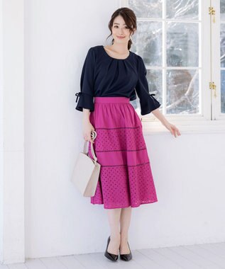 Tiaclasse 【洗える】リボン付きタックフレア袖ブラウス ネイビー