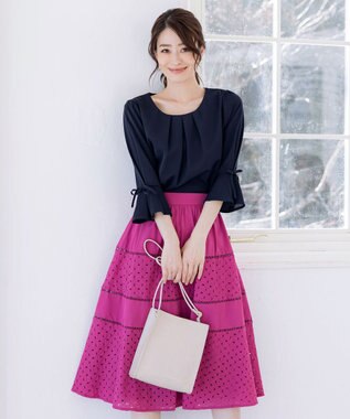 Tiaclasse 【洗える】リボン付きタックフレア袖ブラウス ネイビー