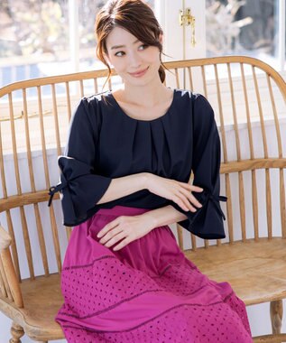 Tiaclasse 【洗える】リボン付きタックフレア袖ブラウス ネイビー